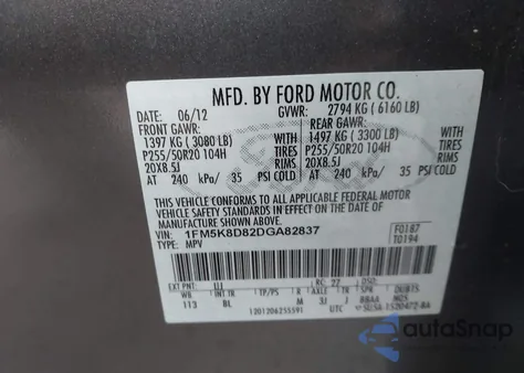 2013 Ford Explorer Xlt из США, поврежденный, VIN 1FM5K8D82DGA82837